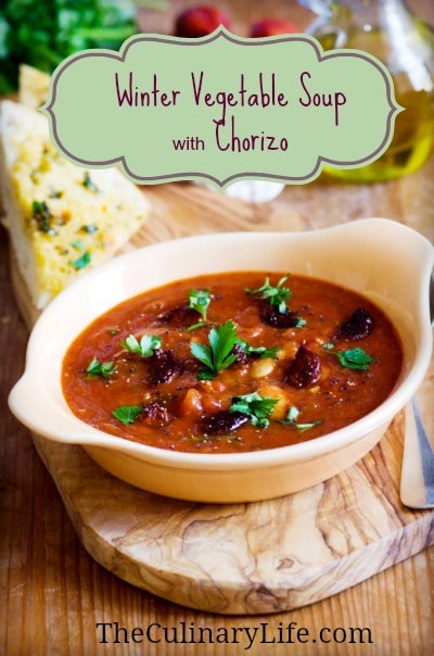 Winter Vegetable Soup with Chorizo on http://www.theculinarylife.com
