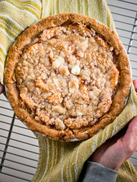 Aprium Pie with Sour Cream Custard, Rum, and Ginger with No-Roll Pie Crust