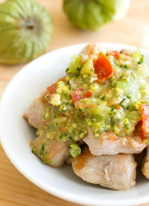 Green Tomato Salsa Over Pork on http://www.theculinarylife.com