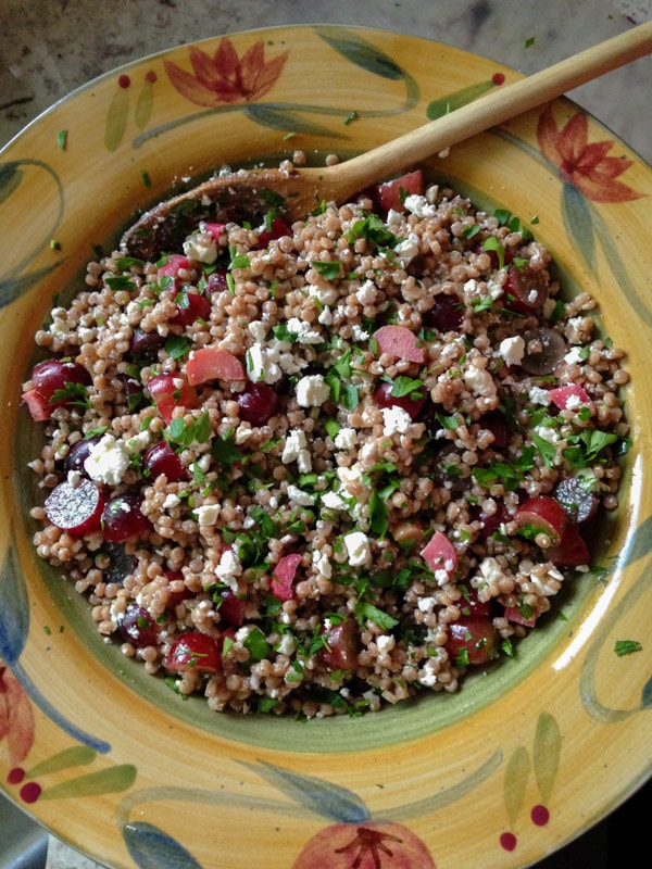 Pickled Rhubarb Couscous Salad with Feta and Grapes on http://www.theculinarylife.com
