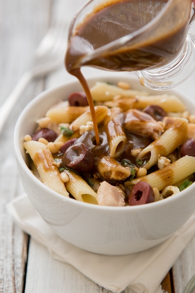 Chicken Pasta Salad with Feta, Lindsay Olives, and Balsamic Vinaigrette on http://www.theculinarylife.com/2014/chicken-pasta-salad-with-feta-lindsay-olives-and-balsamic-vinaigrette/