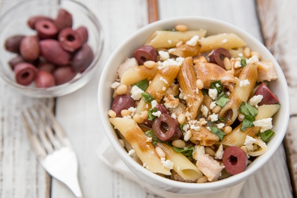 Chicken Pasta Salad with Feta, Lindsay Olives, and Balsamic Vinaigrette on http://www.theculinarylife.com/2014/chicken-pasta-salad-with-feta-lindsay-olives-and-balsamic-vinaigrette/