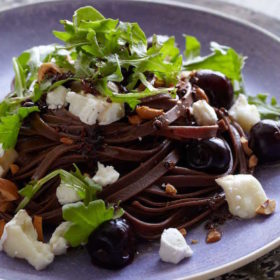 Savory Chocolate Pasta with Bucherondin, Hazelnuts, and Cherries on https://fearlessfresh.com/