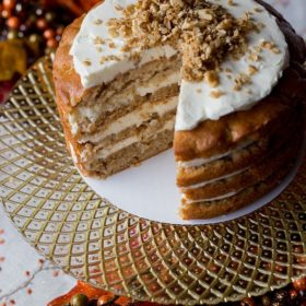 Apple Spice Cake with Honey Frosting and Apple Cider Caramel on https://fearlessfresh.com