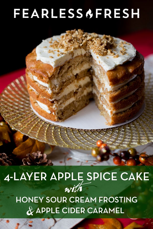 Apple Spice Cake Recipe with Honey Frosting and Apple Cider Caramel on https://fearlessfresh.com